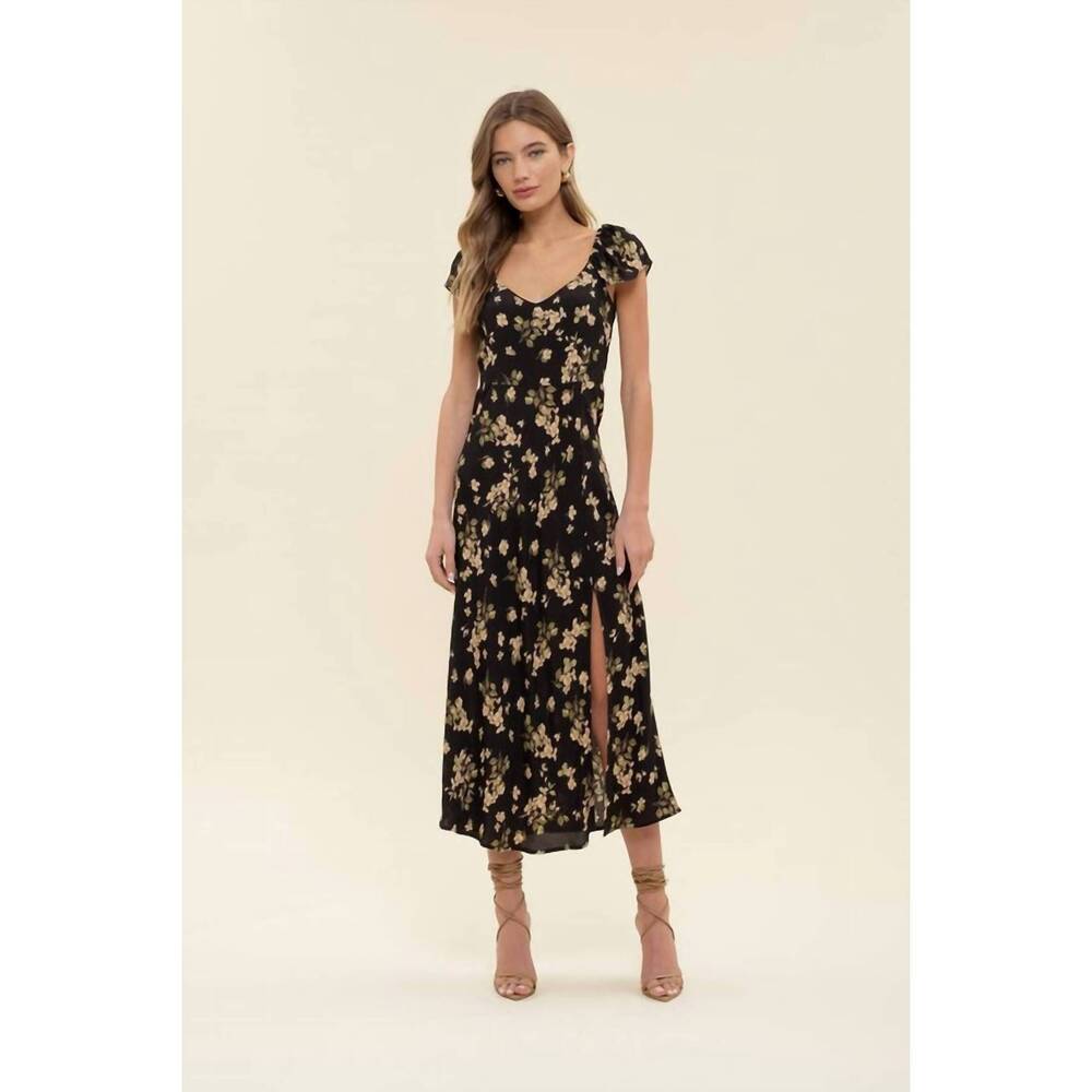 NEW THE WORKSHOP v neck ruffle sleeve side slit midi dress in black floral